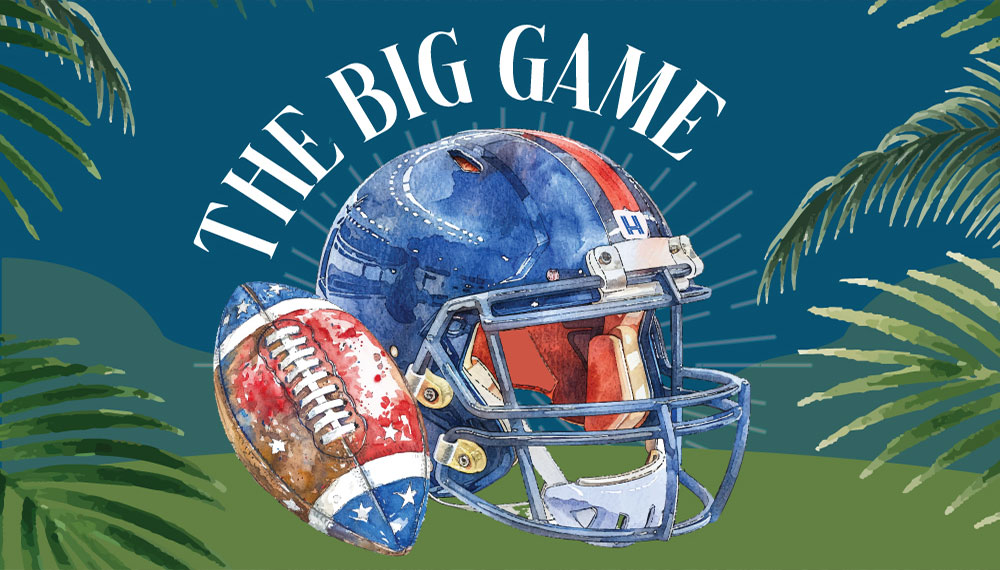 Graphic that says The Big Game with a football and helmet