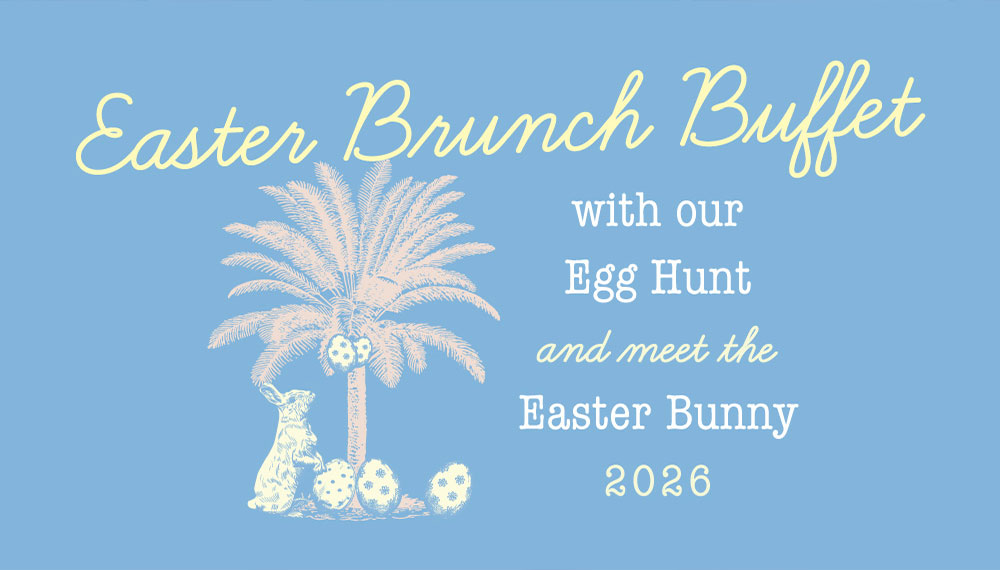 Easter Brunch Buffet Web Tile with palm tree and Easter bunny with eggs