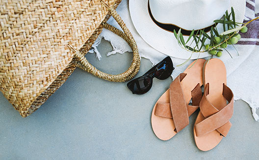 Sandals, sunglasses, hat, olives